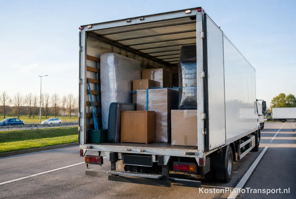 Volgeladen verhuiswagen met open deuren langs de snelweg
